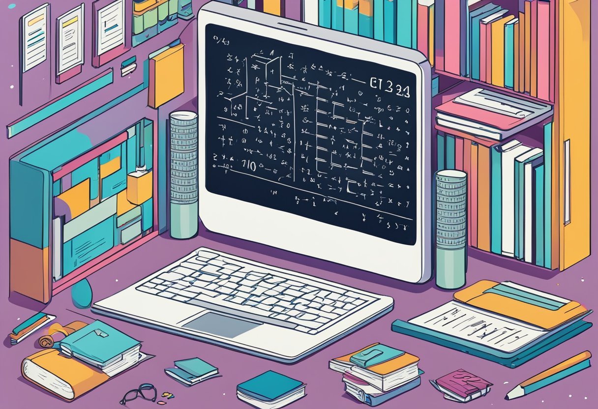 A chalkboard filled with mathematical equations and matrices, surrounded by textbooks and a laptop with statistical software open