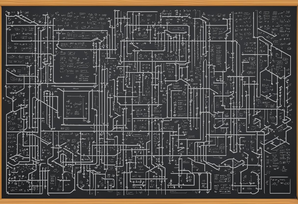 A chalkboard filled with complex matrix equations and properties