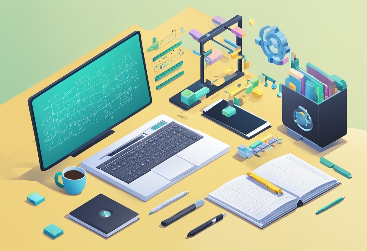 A desk with a computer displaying machine learning software and tools. A notebook with partial derivative calculus equations and a calculator