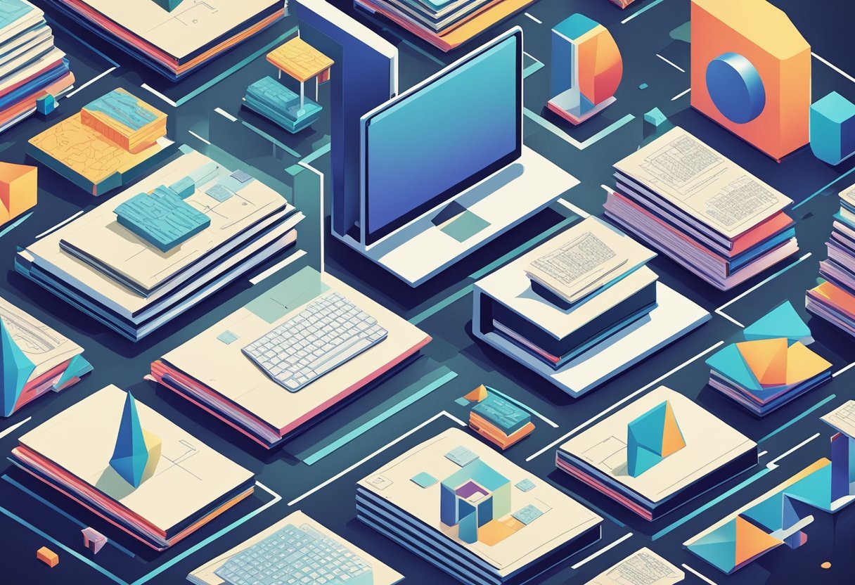 A stack of math textbooks surrounded by geometric shapes and computer code, with a focus on probability theory and machine learning algorithms