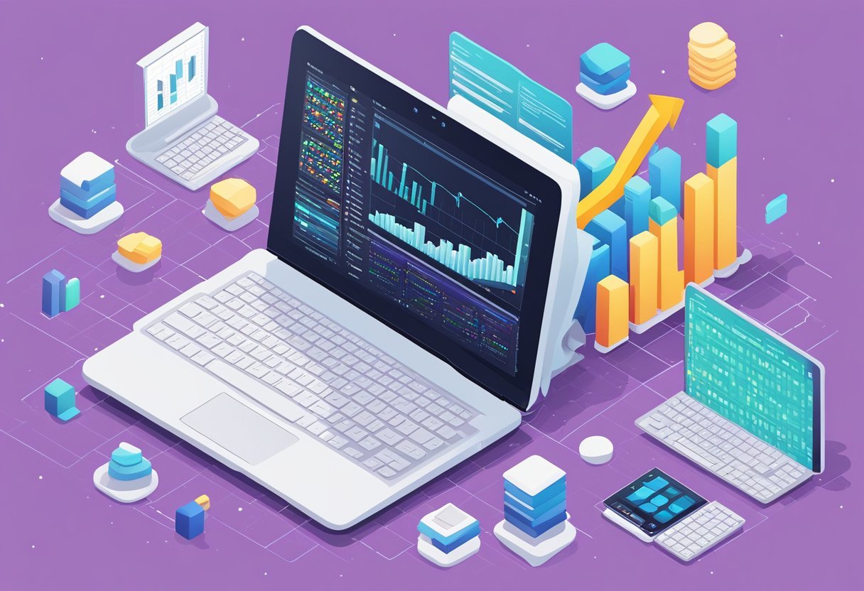 A laptop displaying a pandas dataframe with columns and rows, surrounded by charts and graphs. A person's hand hovers over the keyboard, ready to input or export data