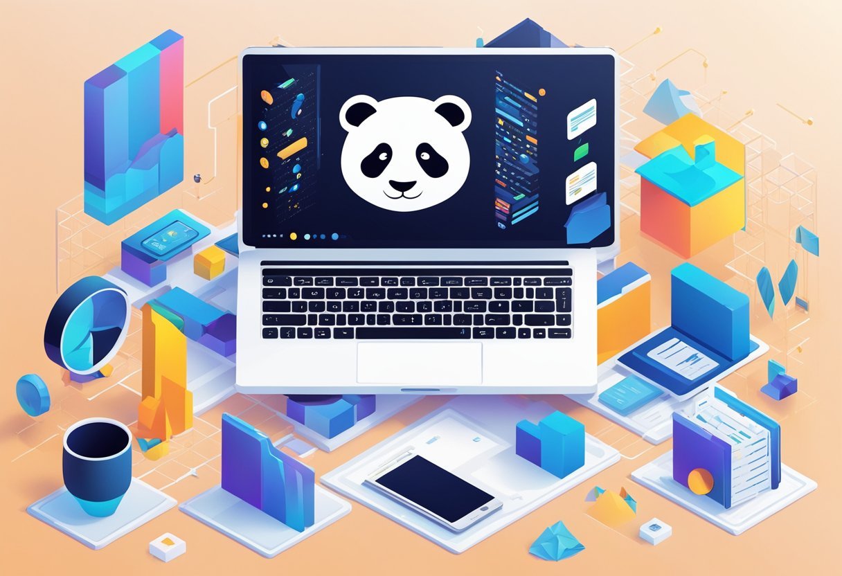 A laptop with a pandas logo open to a FAQ page, surrounded by data charts and graphs