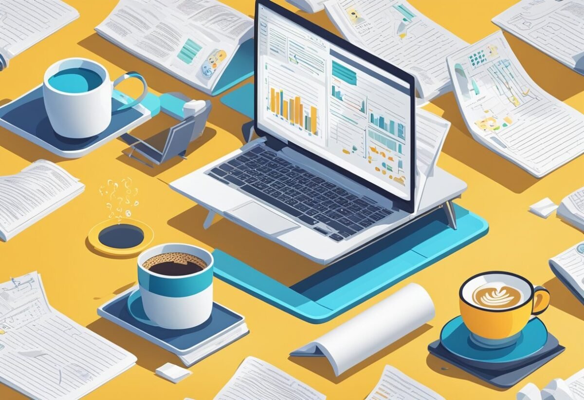 A laptop displaying a data science tutorial with pandas library open, surrounded by scattered papers and a cup of coffee