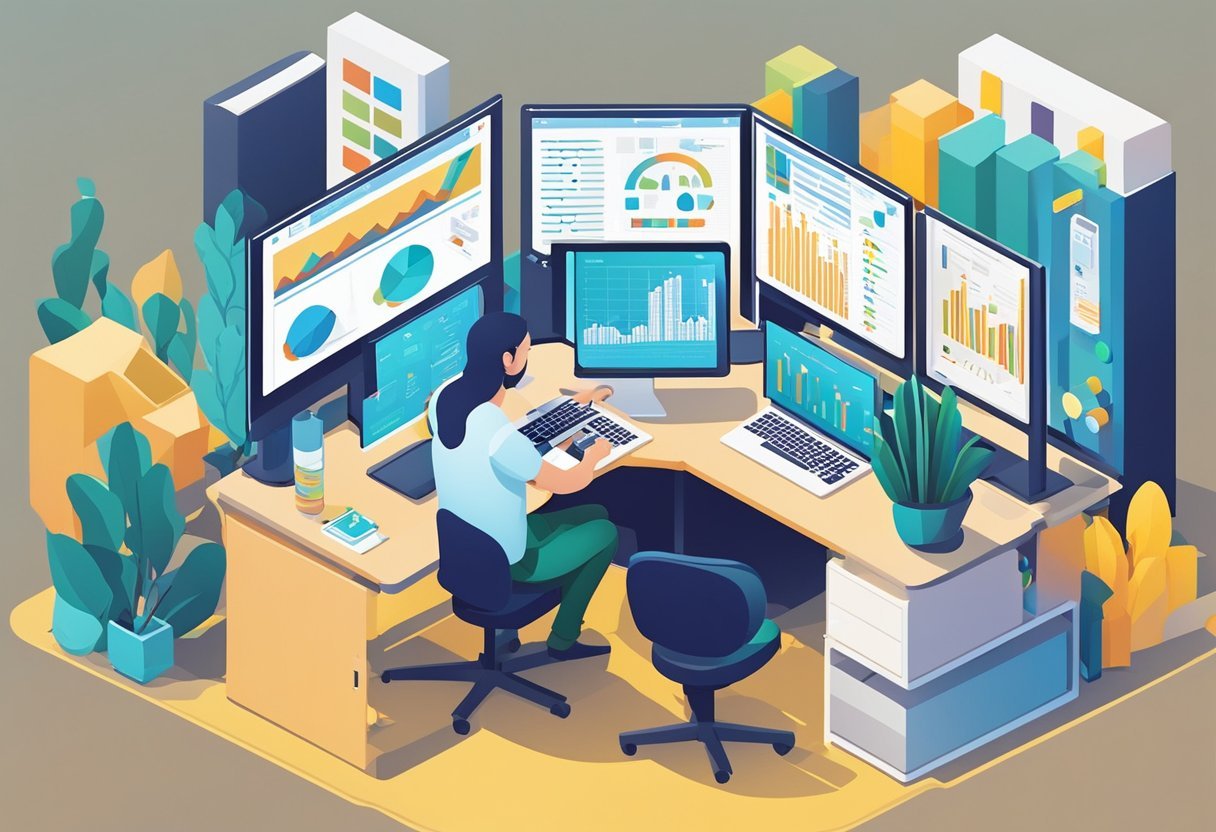 A person working at a computer, using pandas library for data science, with charts and graphs on the screen