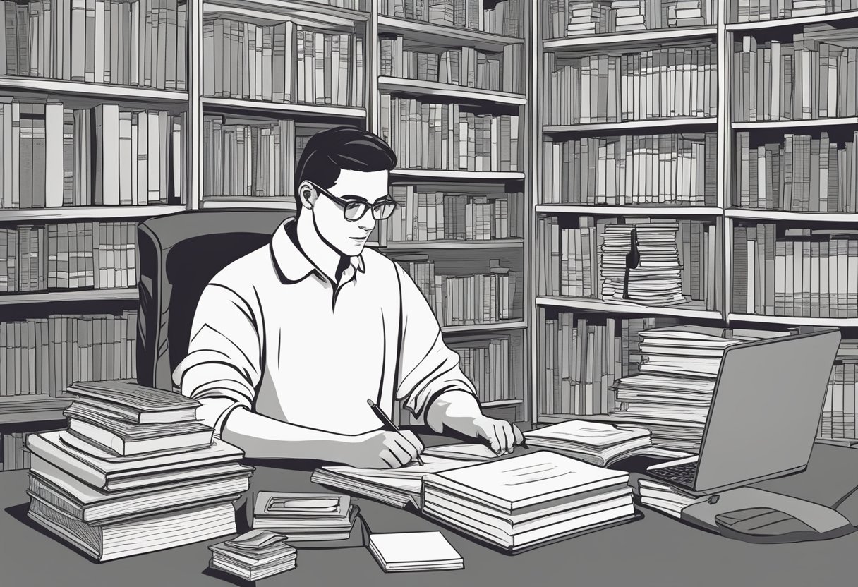 A person studying T-SQL, surrounded by books and a computer, practicing writing WITH statements