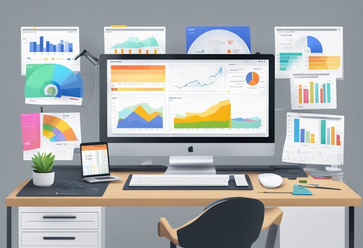 A computer screen displaying a Power BI dashboard with colorful charts and graphs, surrounded by a cluttered desk with notebooks and pens