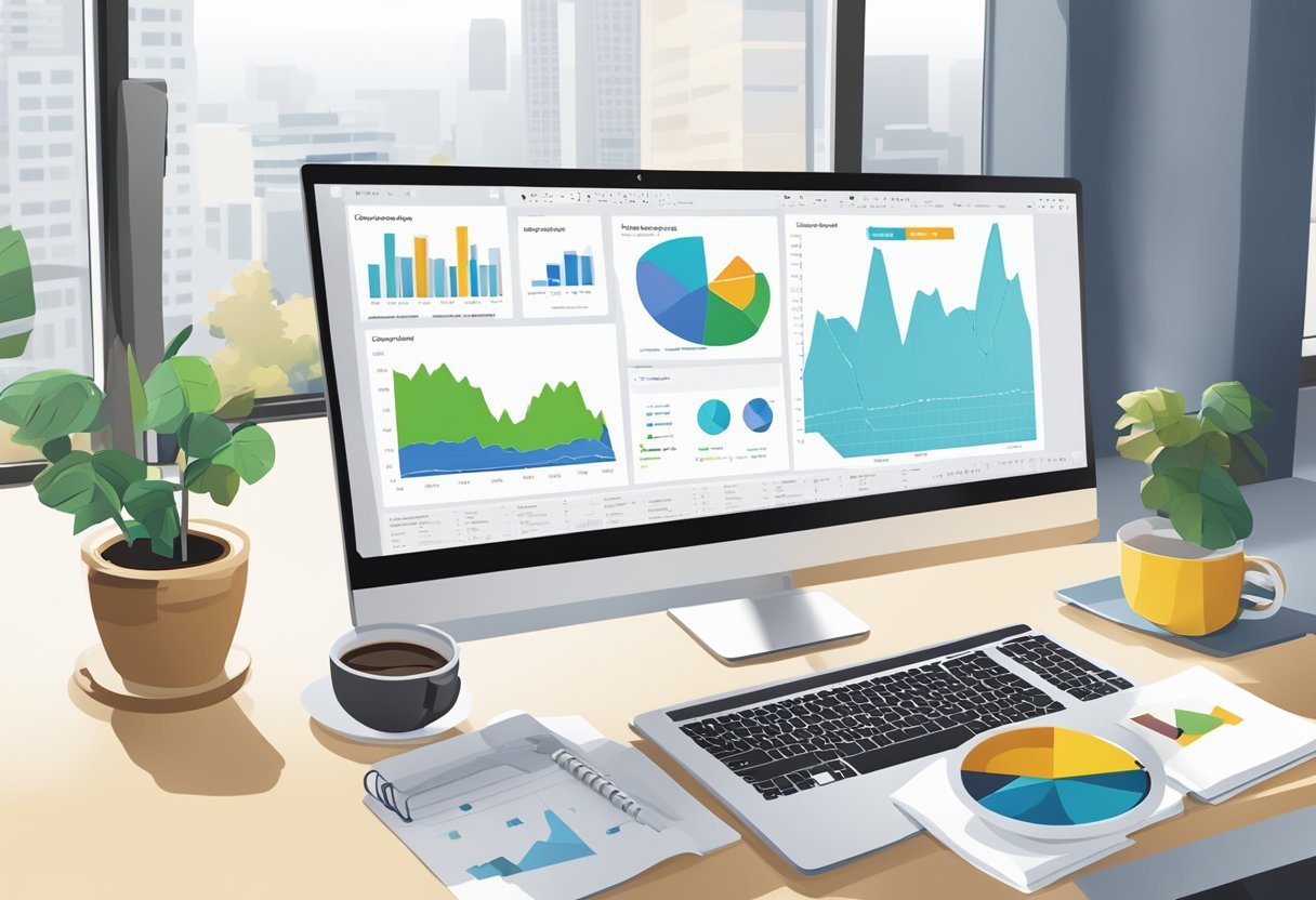 A computer screen displaying a Power BI dashboard with various charts and graphs, surrounded by a desk with a notebook, pen, and coffee mug