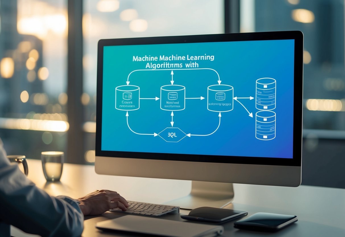 A computer screen displaying a flowchart connecting machine learning algorithms with SQL database tables