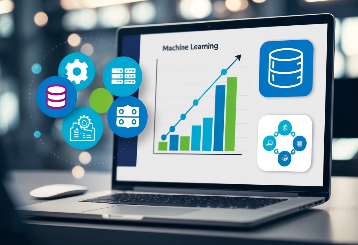 A computer screen displaying a graph with data points connected by a line, while a database icon and a machine learning icon are shown side by side