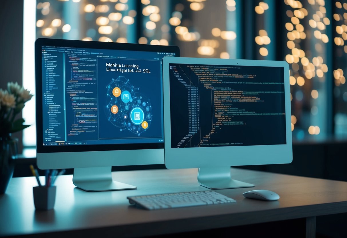 A computer screen displaying a machine learning model being integrated with SQL, with lines of code and data visualizations