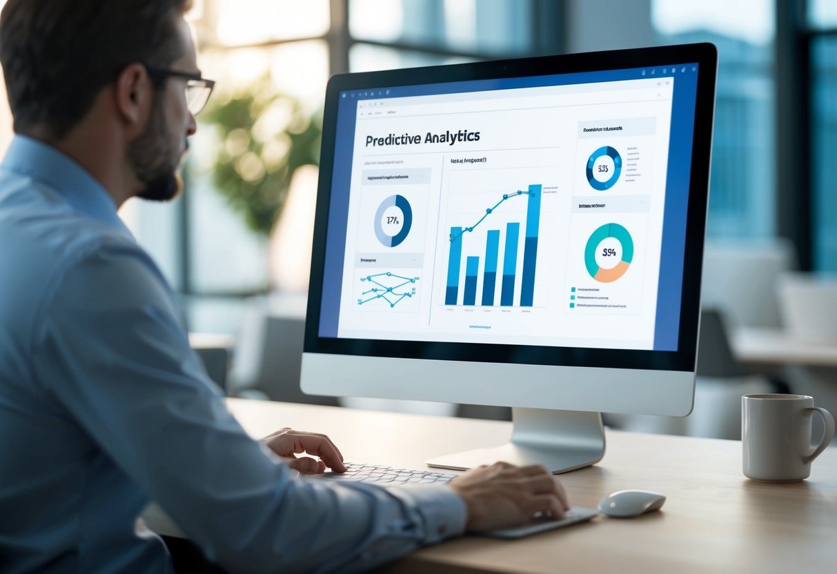 A computer screen displaying predictive analytics graphs, with a machine learning algorithm integrated with SQL for business applications