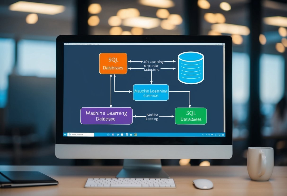 A computer screen displaying a flowchart connecting machine learning and SQL databases