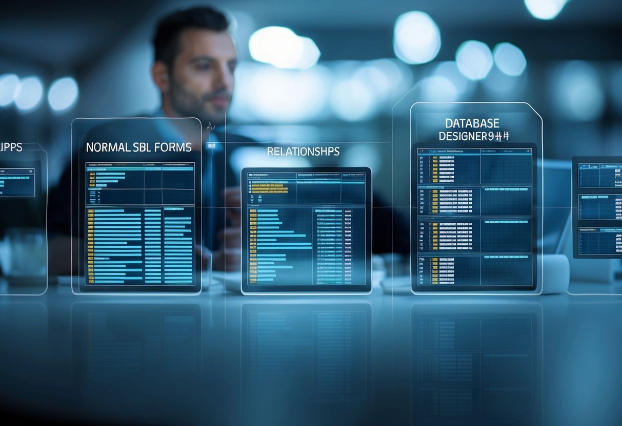 A database being organized into different normal forms, with tables and relationships being refactored and managed by a database designer