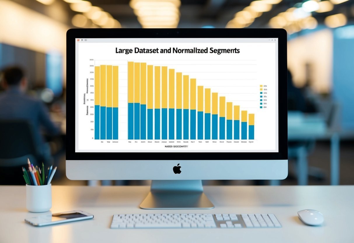 A computer screen displaying a large dataset being divided into smaller normalized segments. A graph or chart visualizing the process