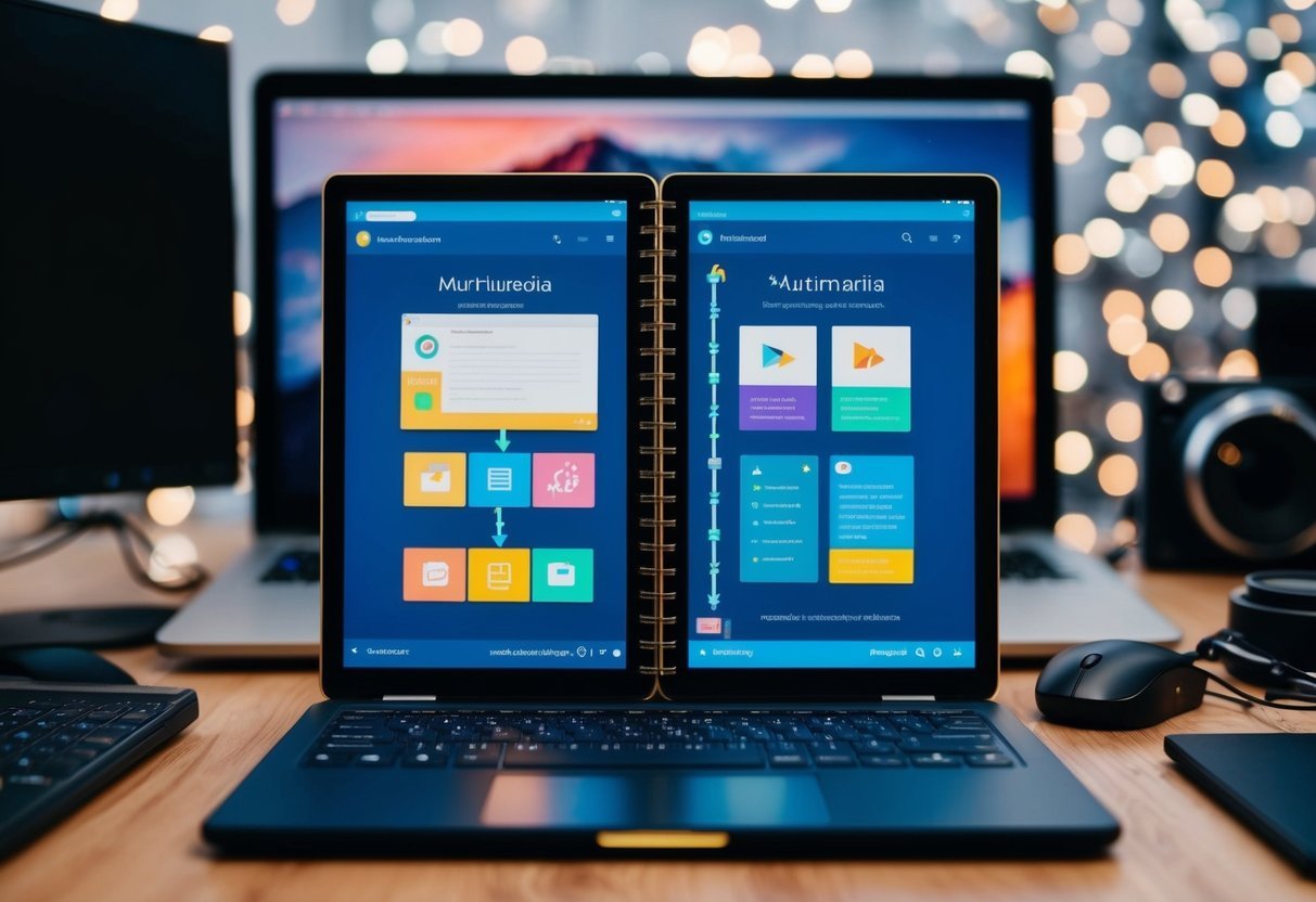 An open notebook with multimedia elements and linked tabs, surrounded by a computer and various tech devices