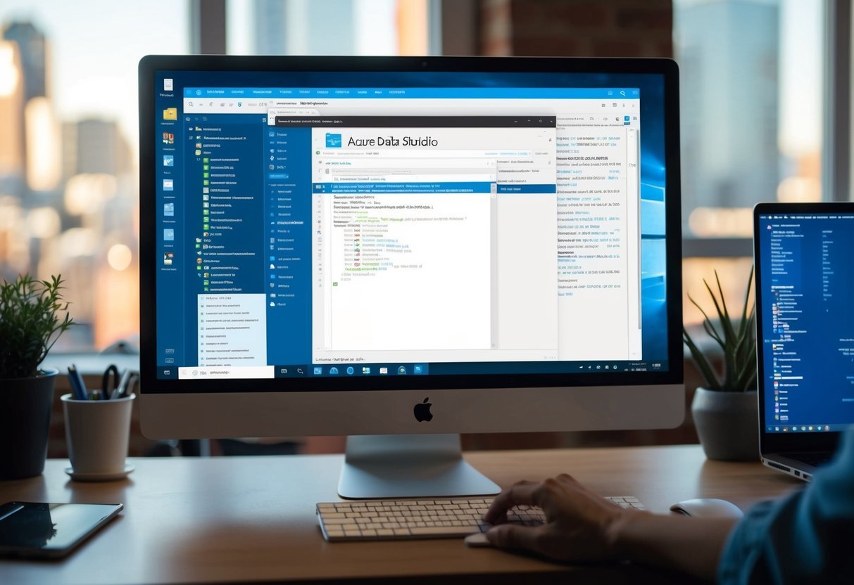 A computer screen showing the Azure Data Studio interface with a SQL query being typed in, surrounded by various open tabs and windows