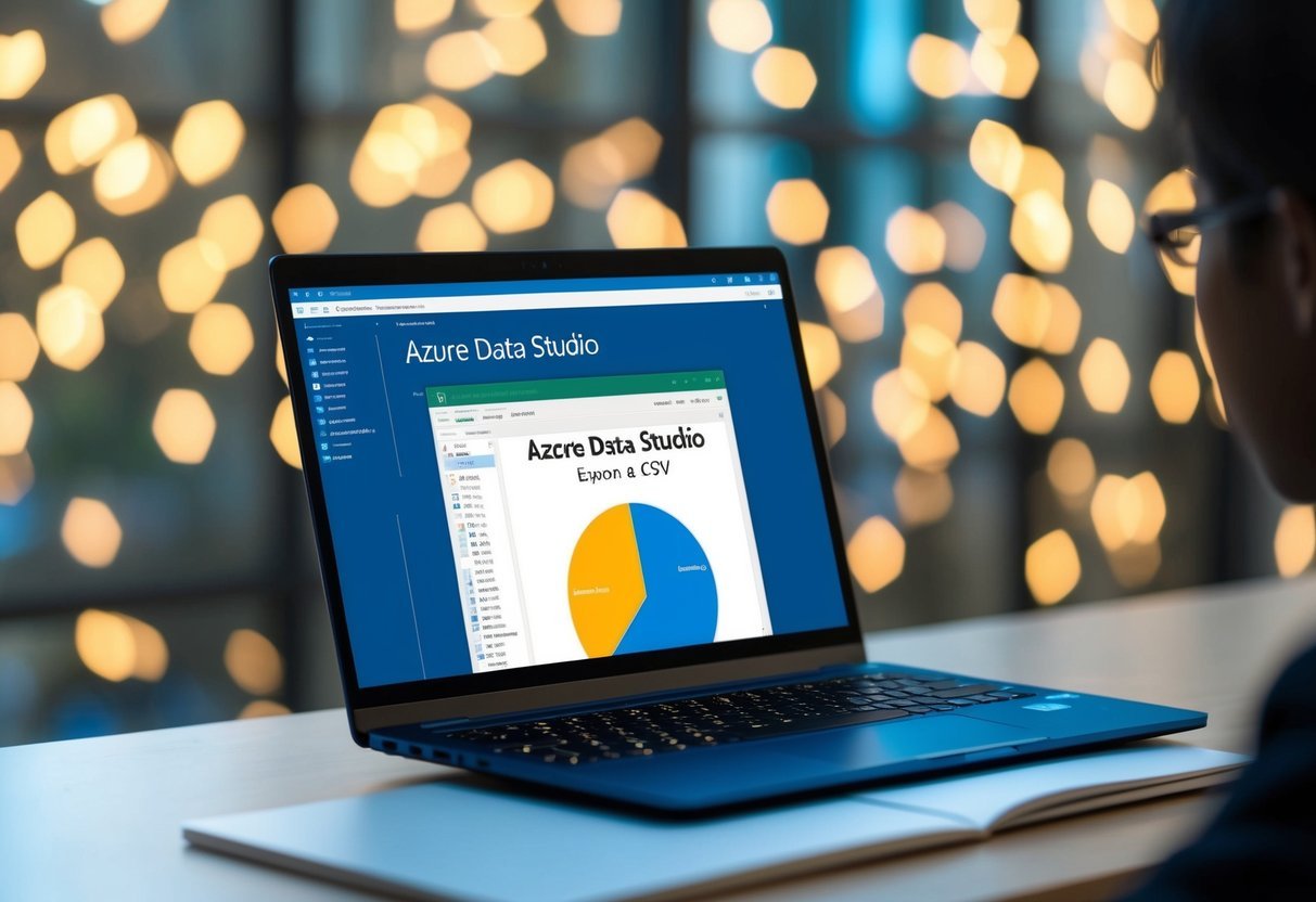 An open laptop displaying Azure Data Studio exporting a table to a CSV file