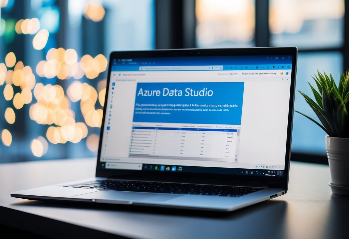 A laptop screen displaying Azure Data Studio with a table export to CSV