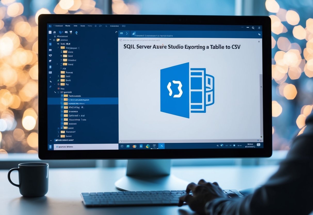 A computer screen displaying SQL Server Azure Data Studio exporting a table to CSV format