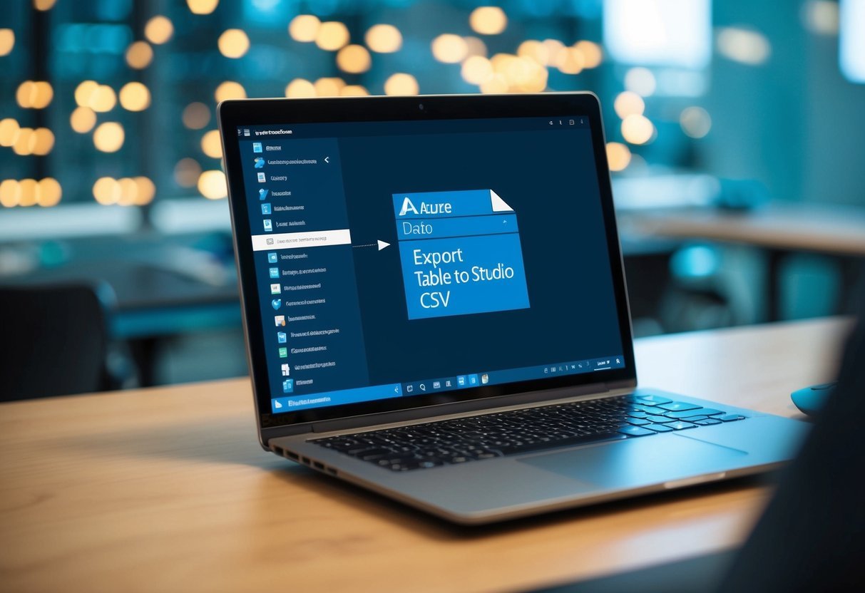 An open laptop displaying the interface of Azure Data Studio, with the "Export Table to CSV" feature highlighted and ready to be used