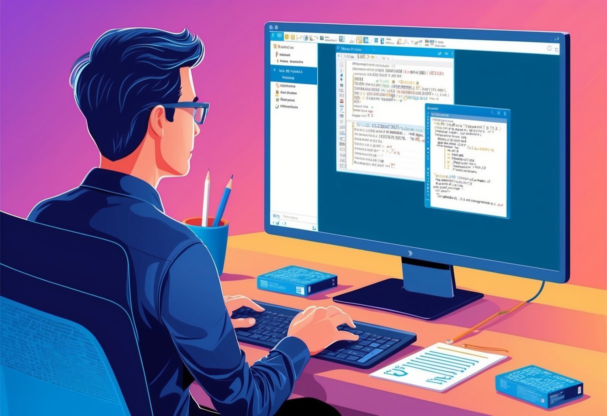 A person using a computer to write SQL queries and study SQL Server documentation