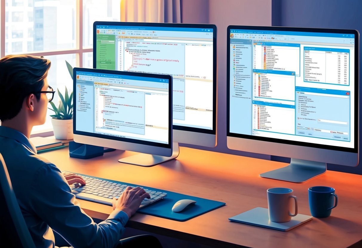 A person sitting at a desk, typing on a computer with multiple windows open, displaying SQL queries and database tables