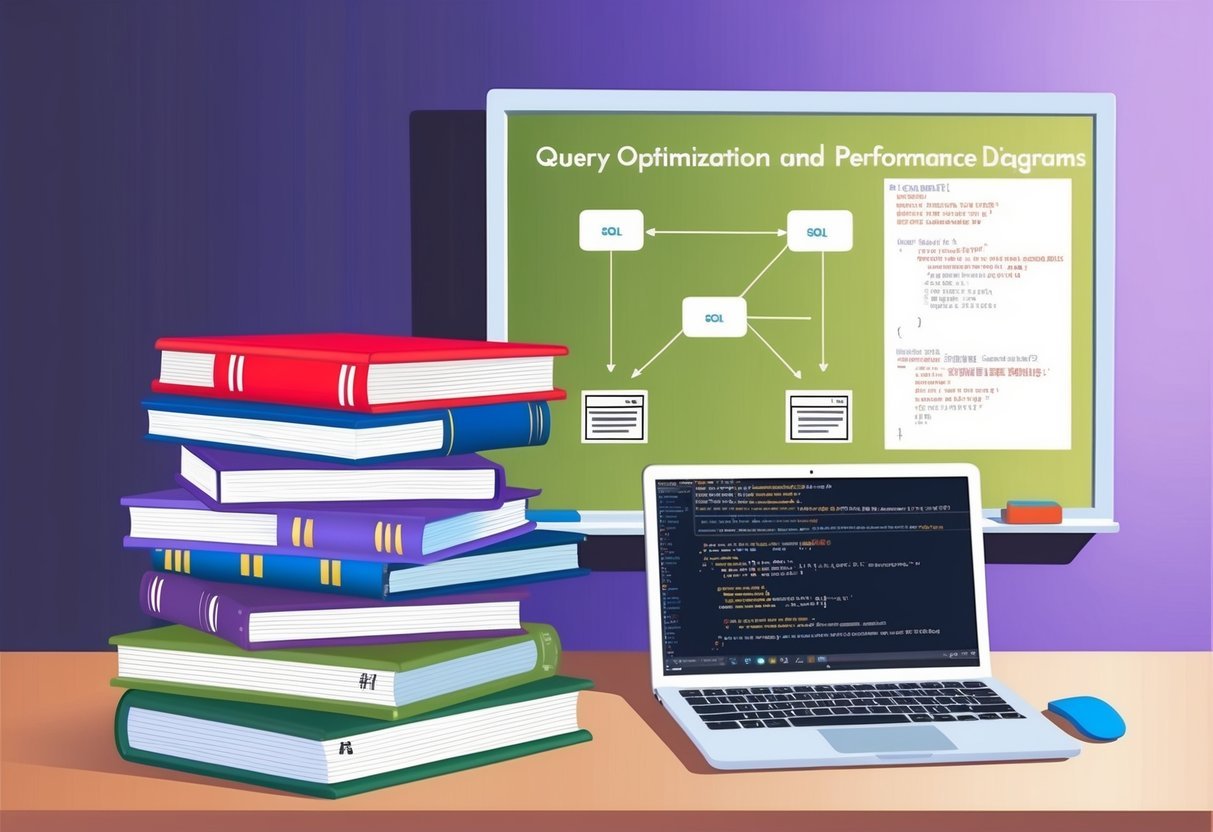 A stack of SQL books, a laptop with code, and a whiteboard with query optimization and performance diagrams