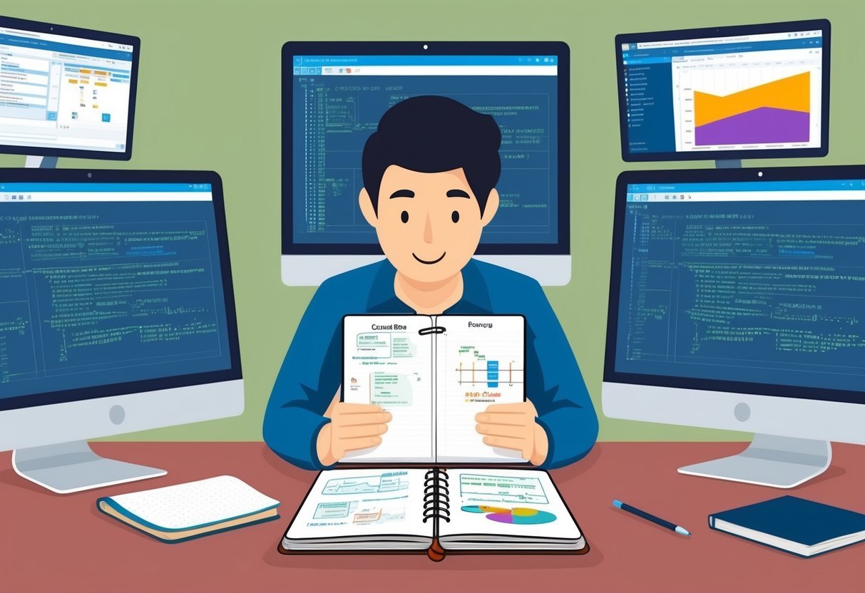 A person at a desk studying a notebook filled with SQL queries and diagrams, surrounded by computer screens displaying data analysis software