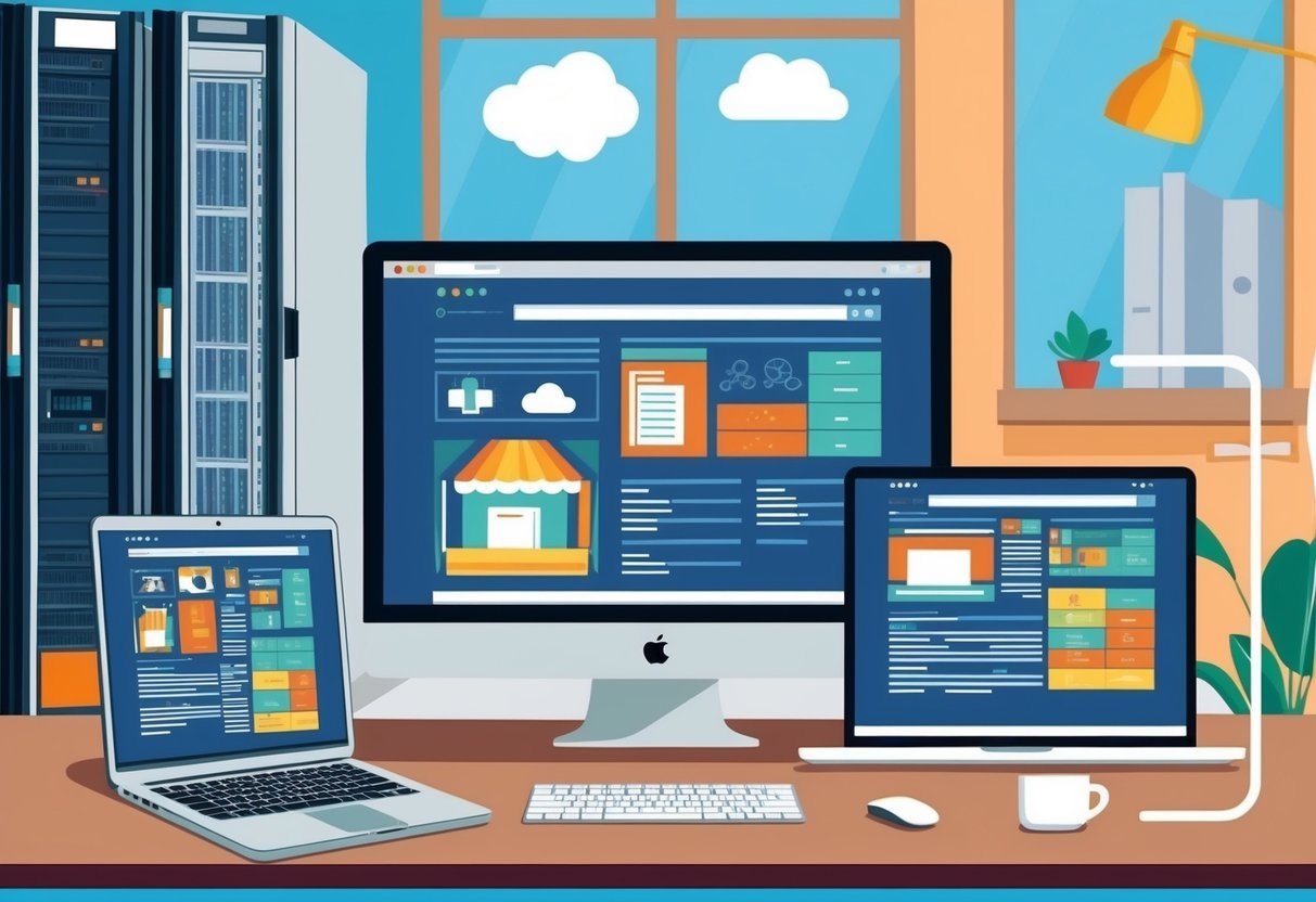 A computer screen split into different environments: a server room, a laptop at a coffee shop, and a desktop at home