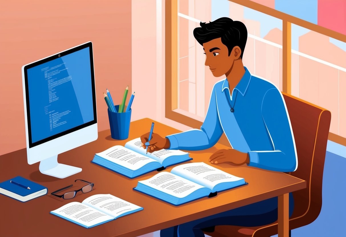 A person studying SQL at a desk with a computer, open books, and notes