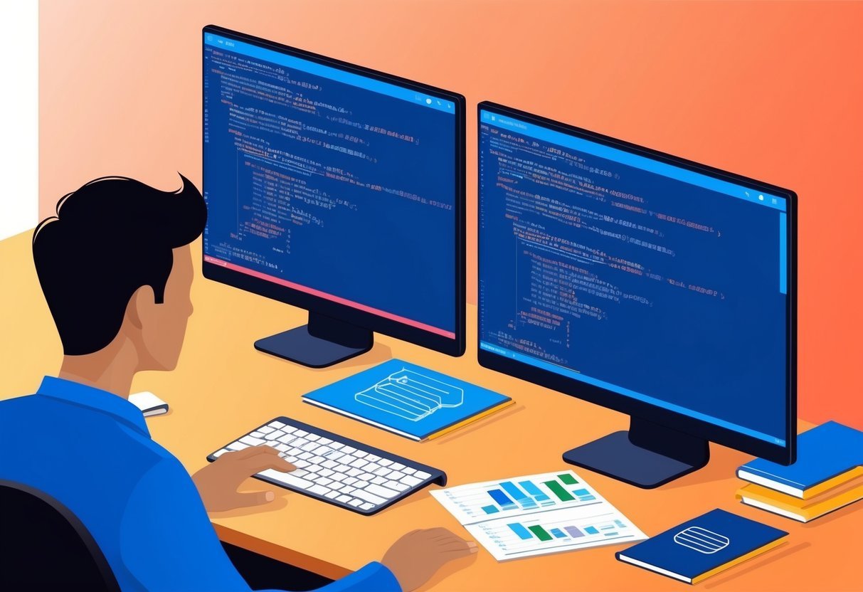 An intermediate SQL developer studying a computer screen with SQL code and database diagrams spread out on a desk