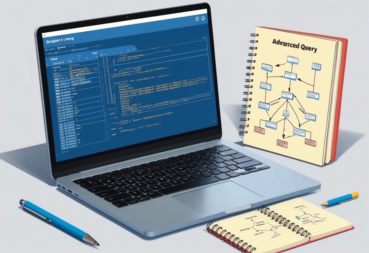 A laptop displaying a complex SQL query with multiple tables joined, alongside a notebook filled with advanced SQL concepts and diagrams