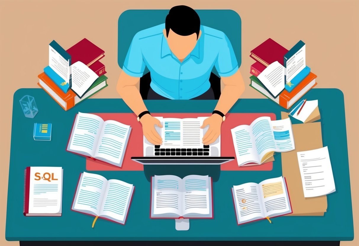A person at a computer desk, surrounded by open books and papers, studying SQL database administration and maintenance