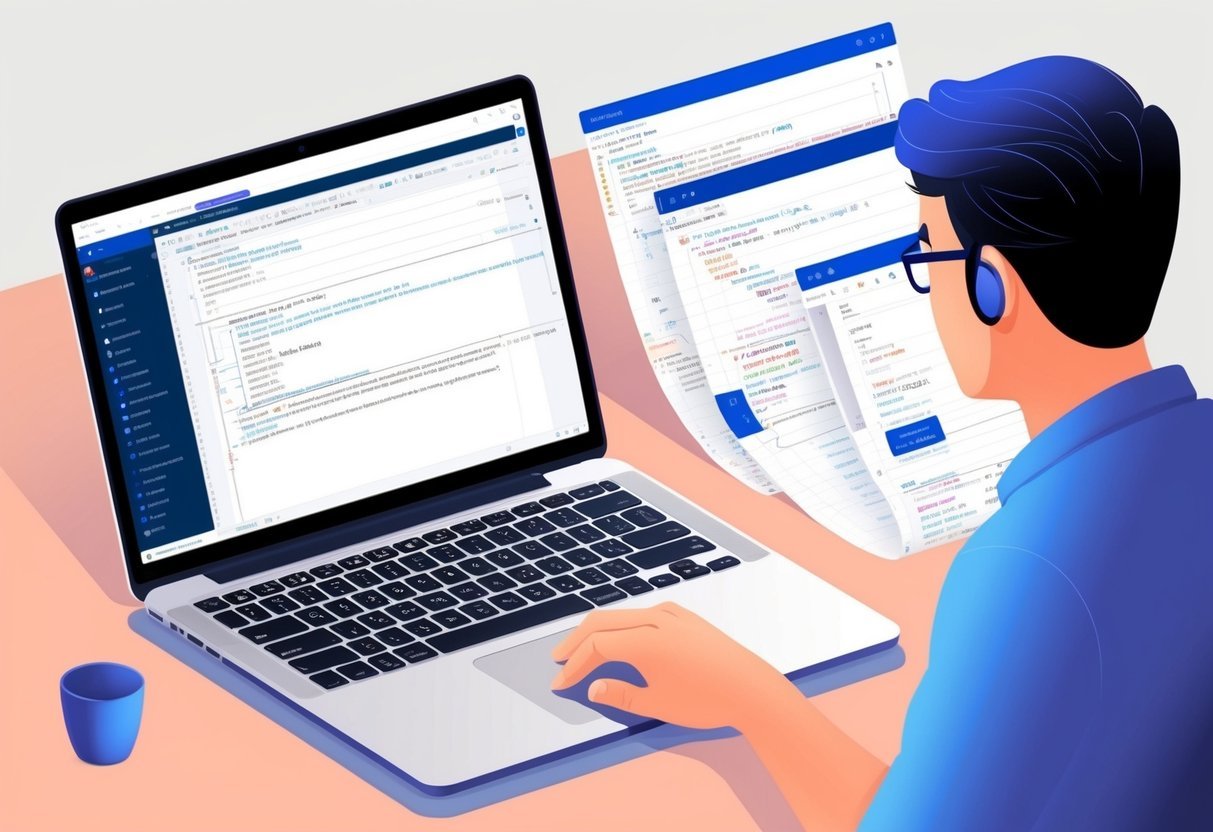 A person working on a laptop with multiple open tabs, writing complex SQL queries, and referring to advanced database documentation