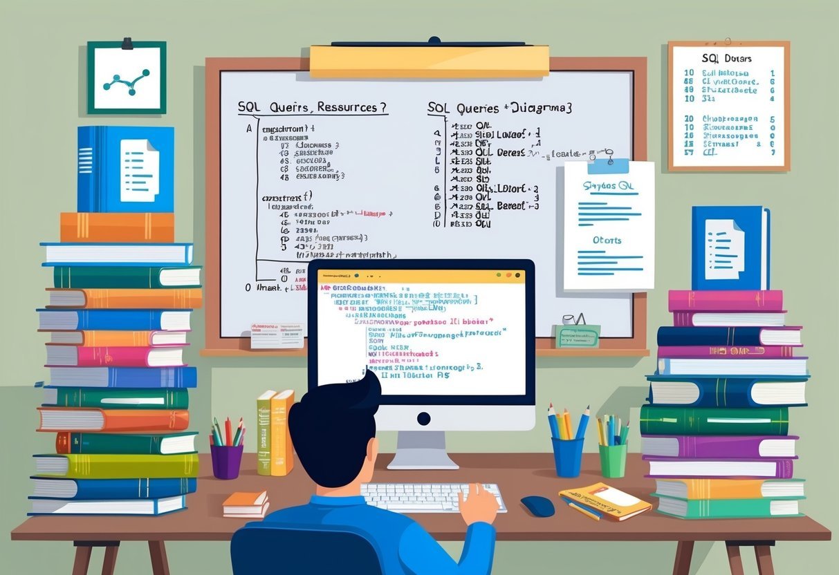 A person working on a computer, surrounded by various SQL books and resources, with a whiteboard filled with SQL queries and diagrams in the background