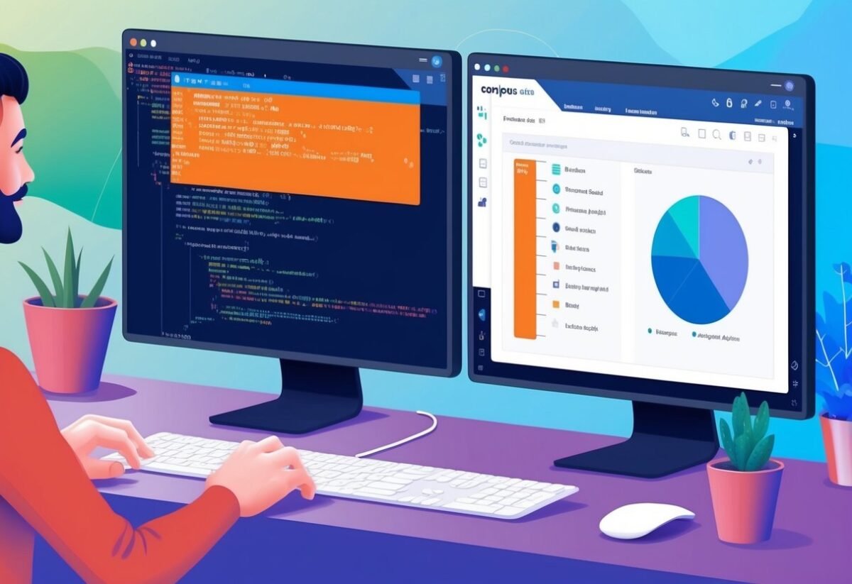 A computer screen showing SQL code and a data visualization tool side by side