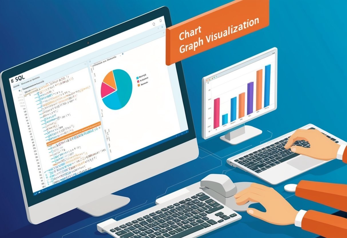 A computer screen displaying SQL code alongside a chart and graph visualization tool