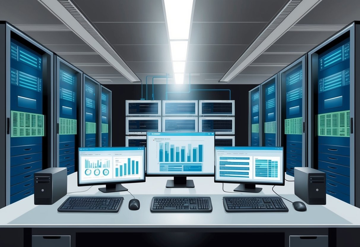 A server room with multiple interconnected computers and data visualization tools