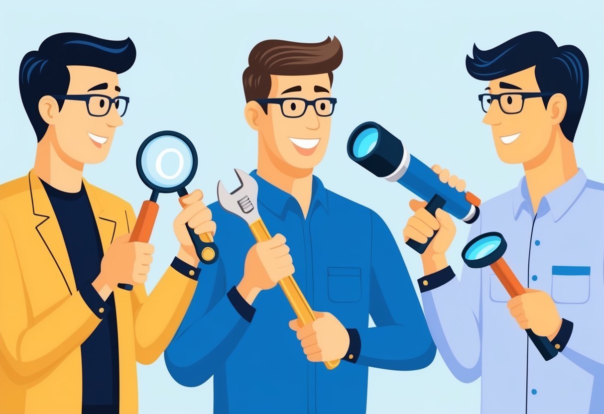 A group of three individuals engaged in discussion, each one holding a different tool representative of their respective data career: a magnifying glass for the analyst, a wrench for the engineer, and a telescope for the scientist