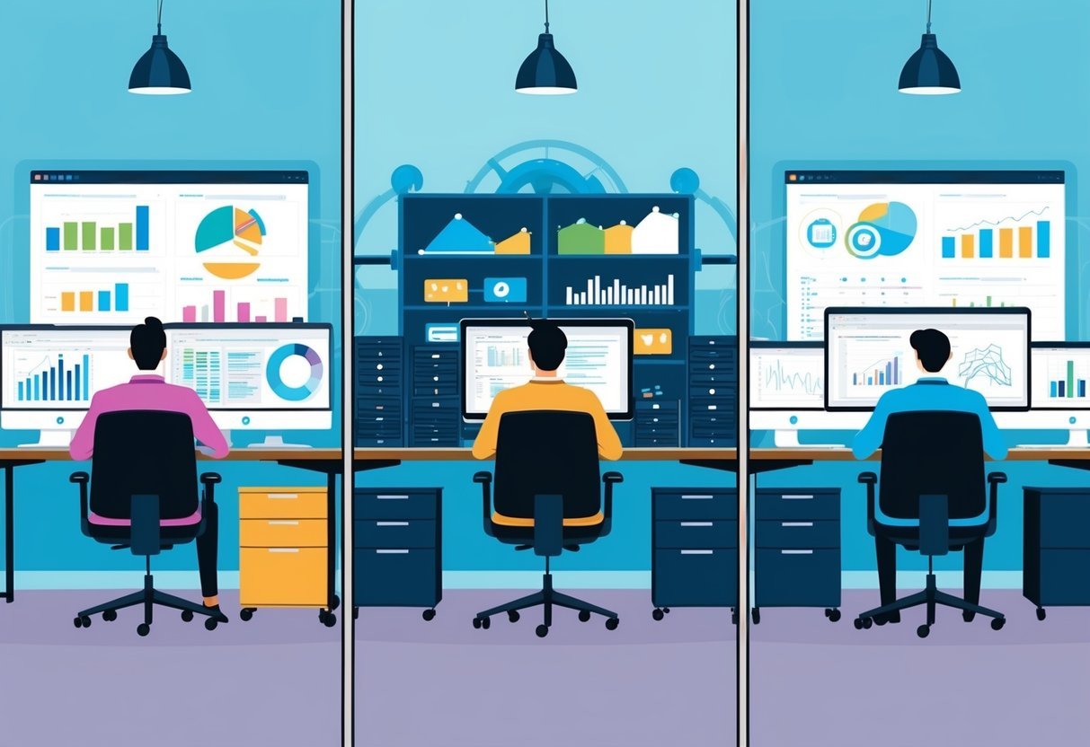 A busy office with three distinct workstations: one with spreadsheets and graphs, another with coding and data infrastructure, and a third with complex algorithms and statistical models