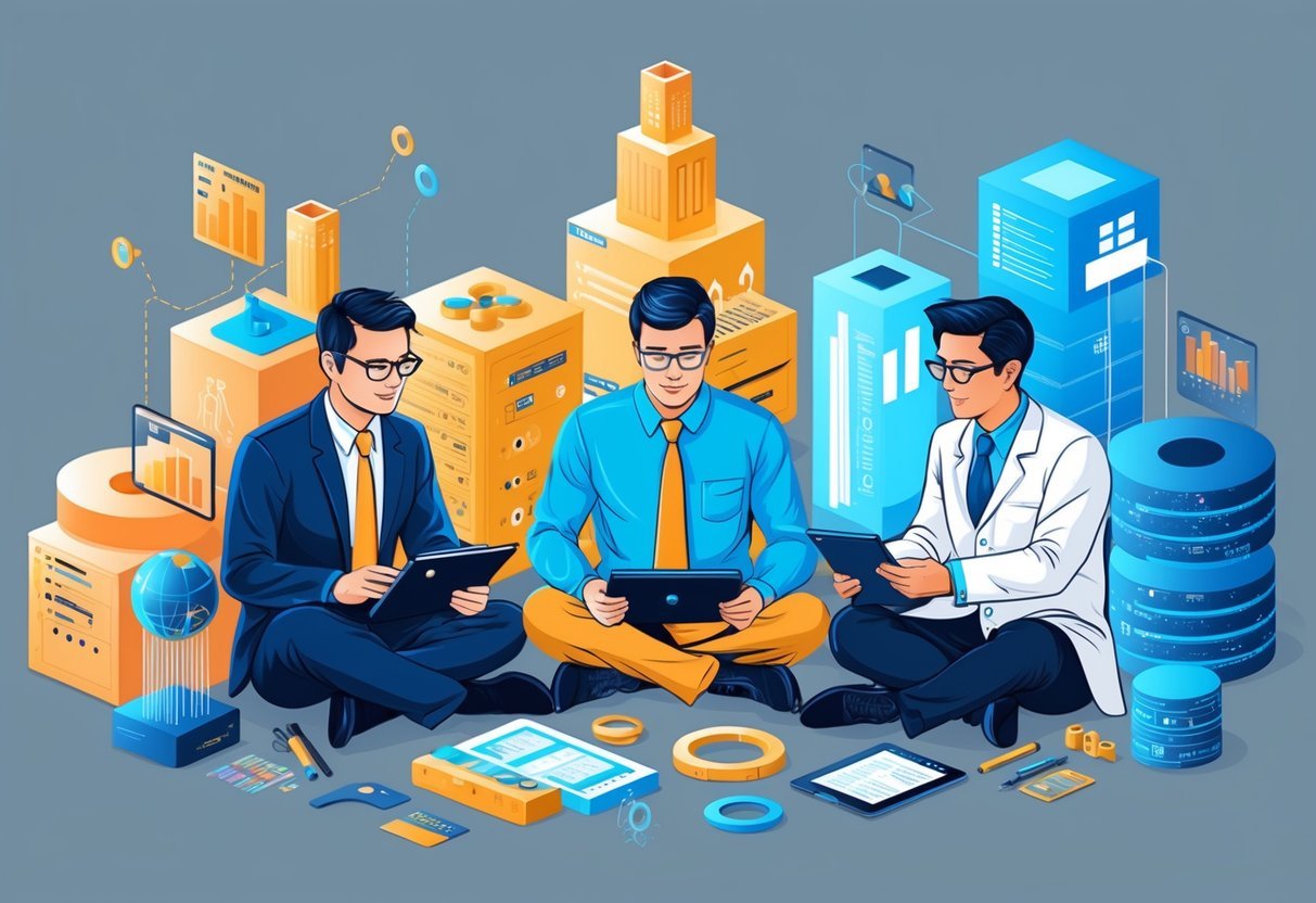 A data analyst, engineer, and scientist each surrounded by different types of data structures and tools, studying and comparing them
