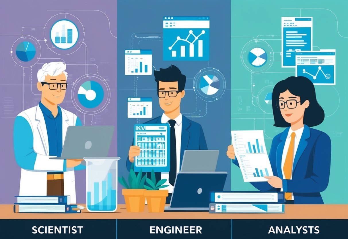 A scientist, engineer, and analyst each work with data in their respective ways, symbolized by graphs, code, and reports