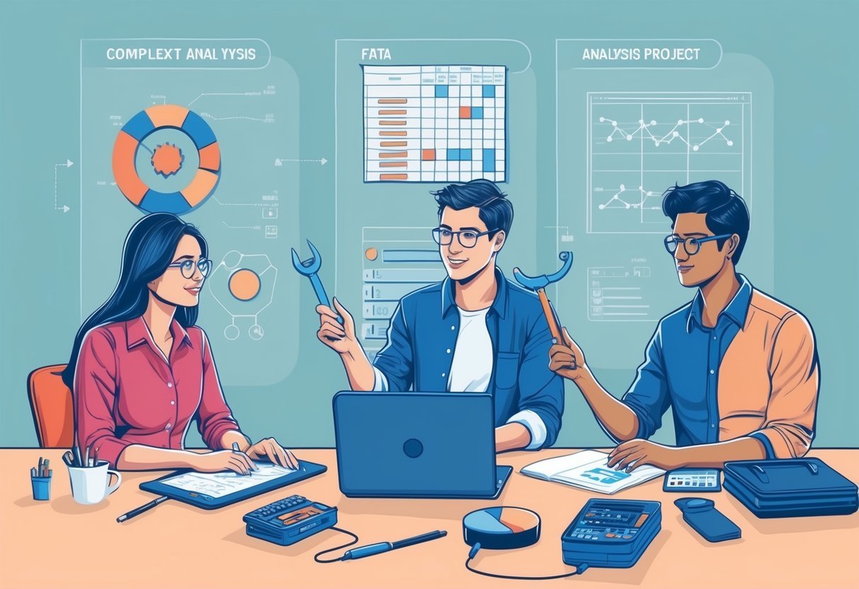 A group of three individuals with distinct tools and equipment, collaborating on a complex data analysis project