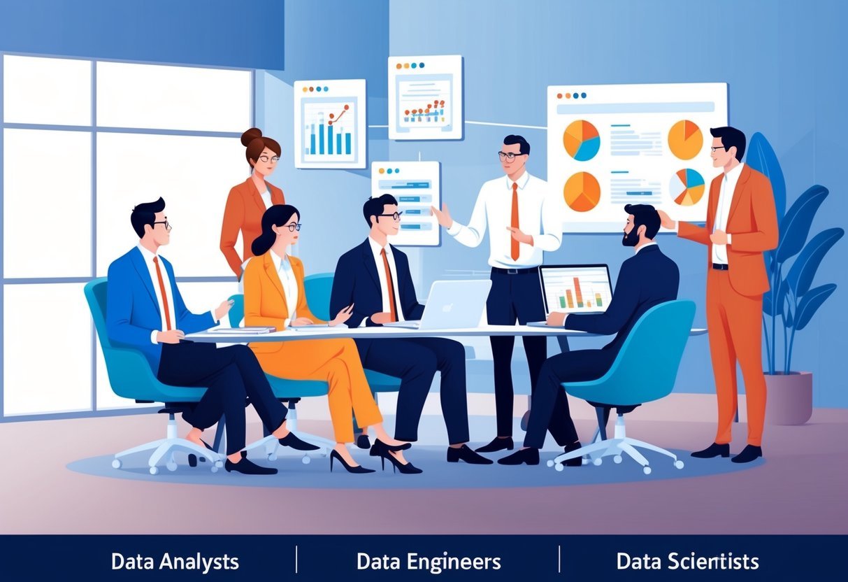 A group of professionals discussing and comparing the roles of data analysts, data engineers, and data scientists in a modern office setting