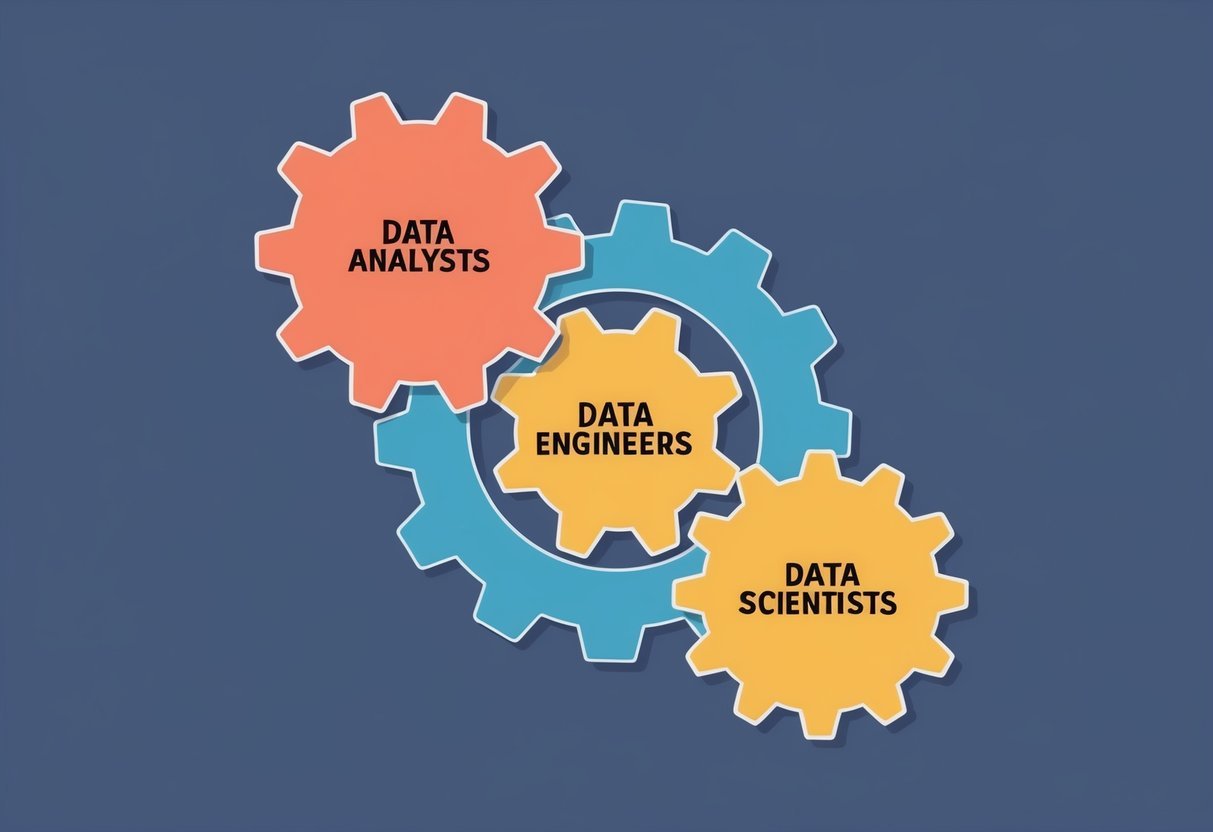 A group of three interconnected gears representing the relationship between Data Analysts, Data Engineers, and Data Scientists