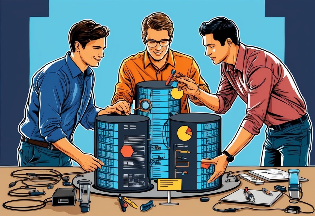 A group of three figures, each with their own unique tools and equipment, collaborating around a large, complex data set
