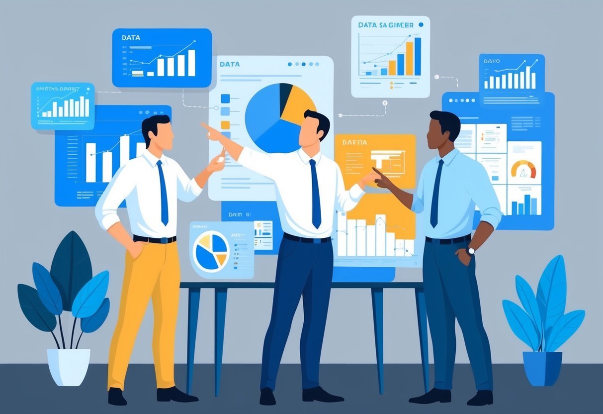 A group of three figures discussing and pointing at various data charts and graphs, each figure representing a different data role - Data Analyst, Data Engineer, and Data Scientist
