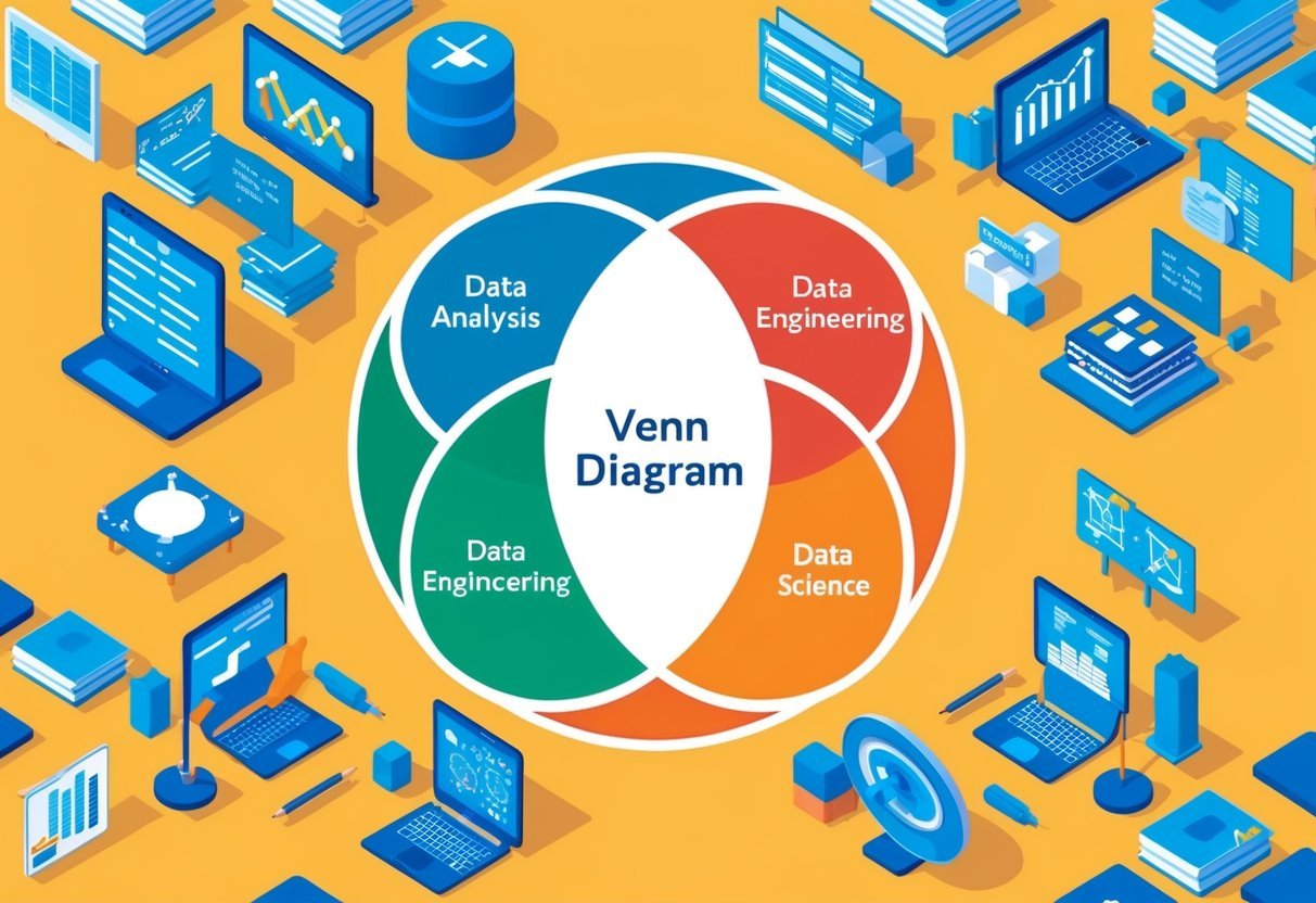 A Venn diagram with three overlapping circles representing data analysis, data engineering, and data science skills