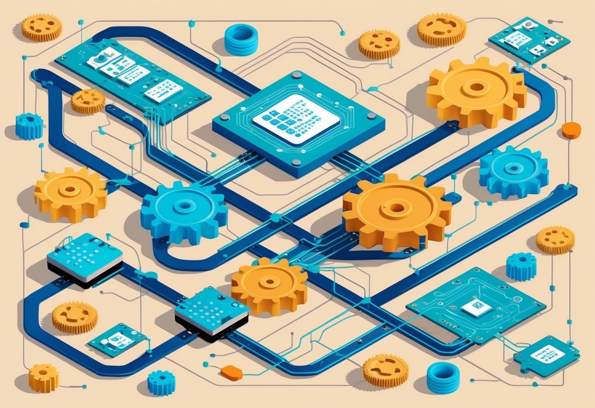 A network of interconnected gears, wires, and circuit boards representing the intersection of data analysis, data engineering, and data science