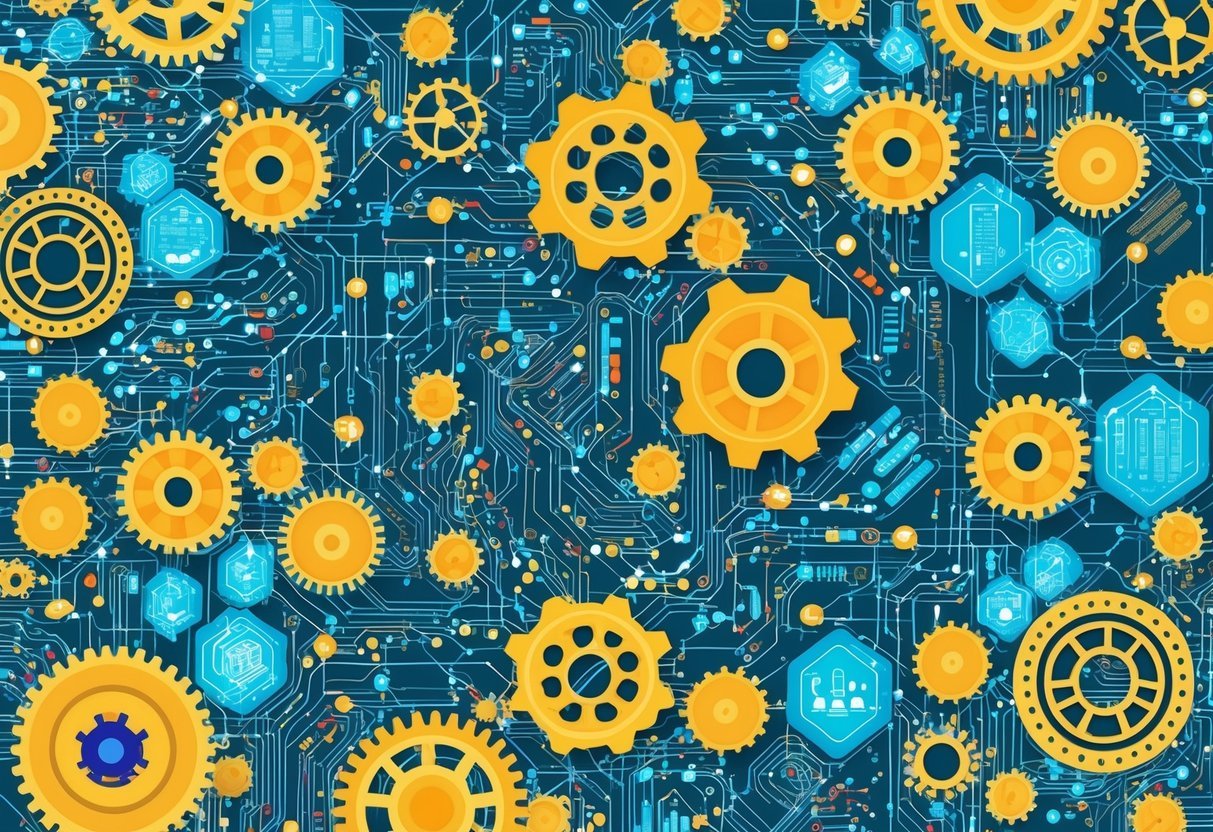 A web of interconnected gears, circuit boards, and data visualizations overlapping and merging together